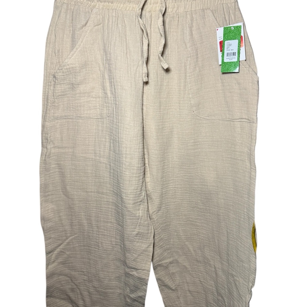 Green Goddess Beige Drawstring Linen-Style Pant - Large (NWT)